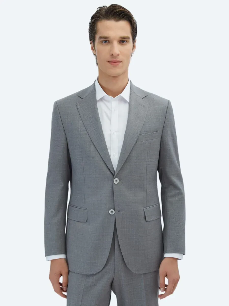 Grey Patterned Regular Fit Wool Blended Suit - 2