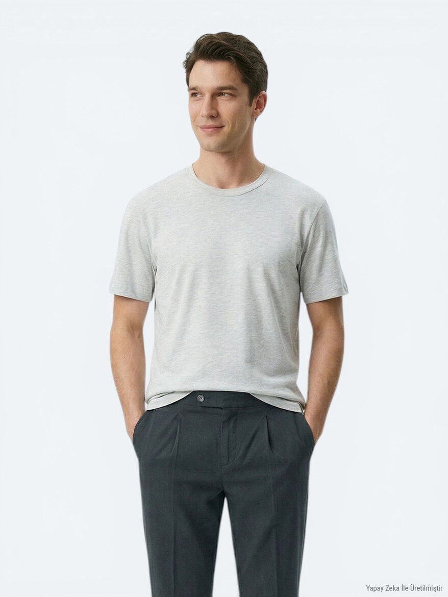 Grey Plain Cotton Blended T-Shirt - 4