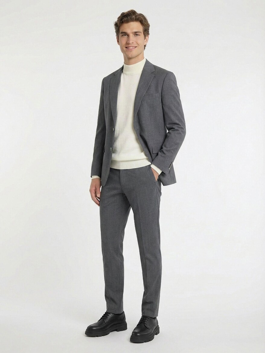 Grey Plain Modern Fit 100% Wool Suit - KİP