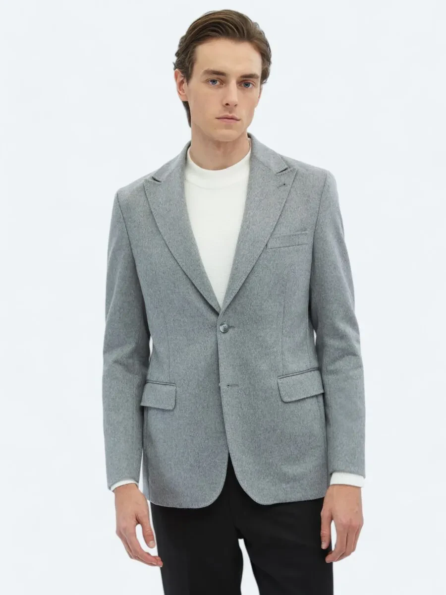 Grey Plain Modern Fit Wool Blended Jacket - 3