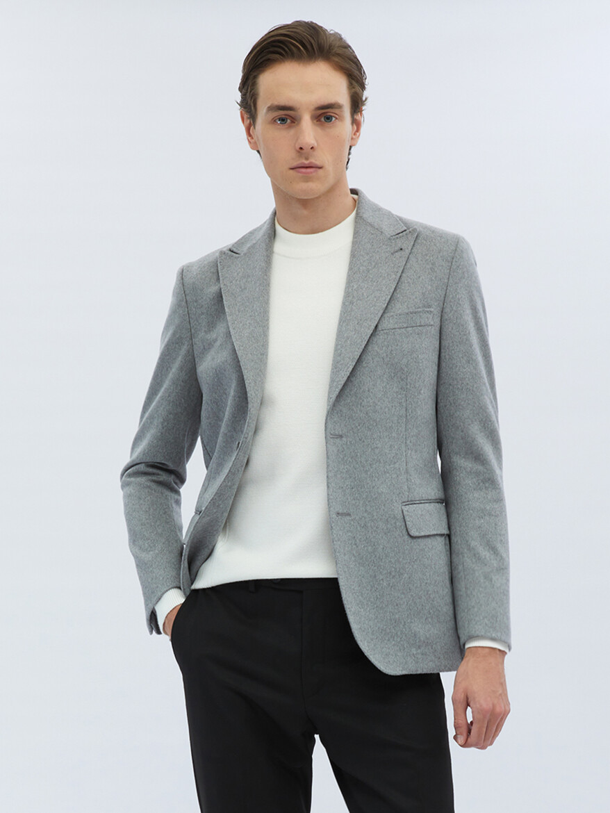Grey Plain Modern Fit Wool Blended Jacket - KİP