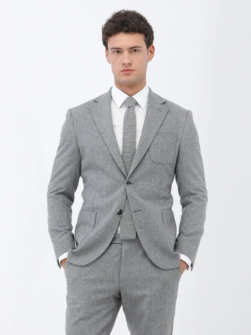 Grey Plain Modern Fit Wool Blended Suit - 1
