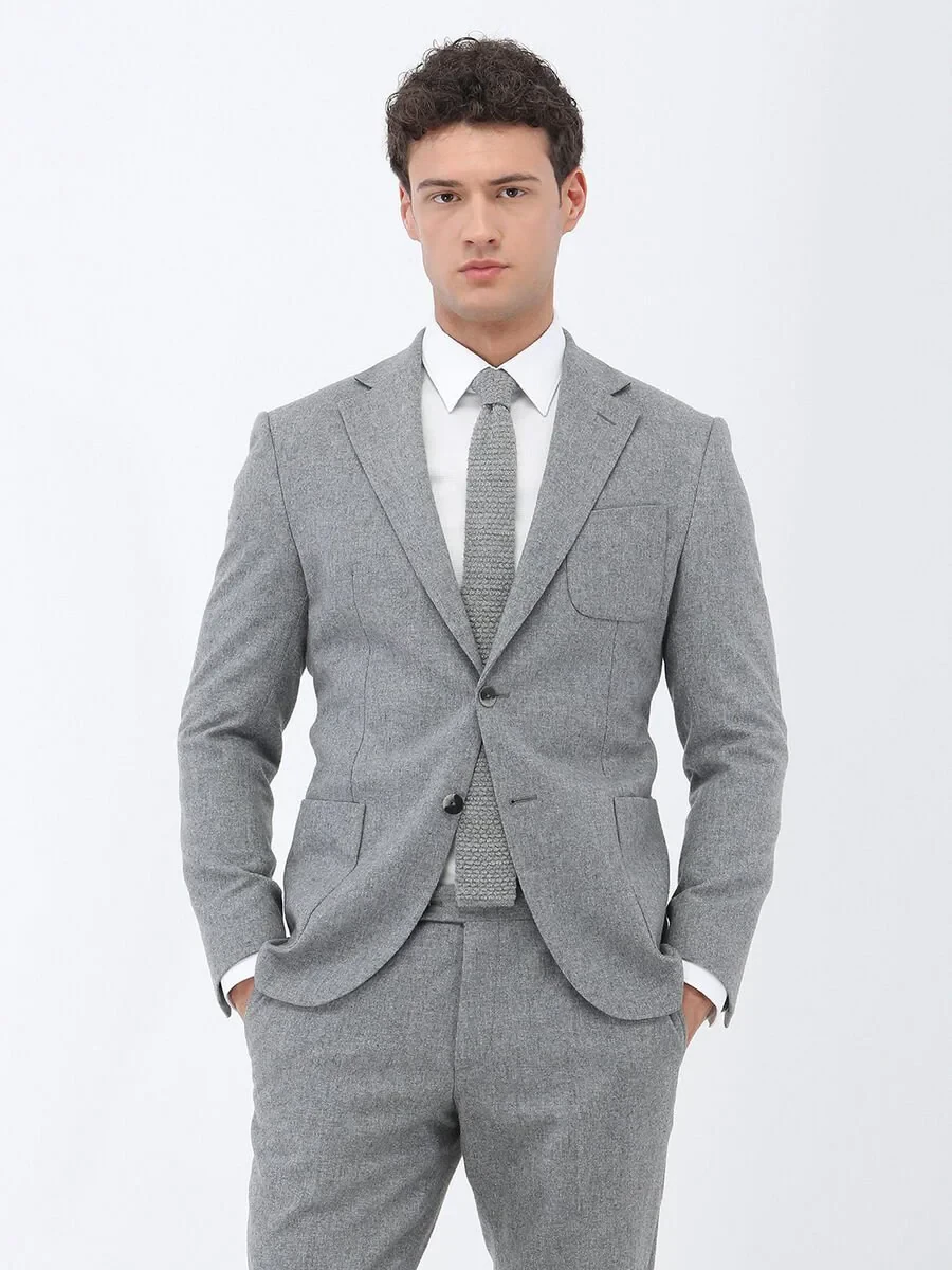 Grey Plain Modern Fit Wool Blended Suit - 1
