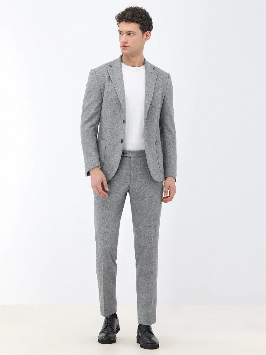 Grey Plain Modern Fit Wool Blended Suit - 4
