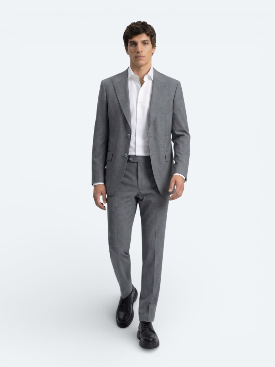 Grey Plain Modern Fit Wool Blended Suit - 2