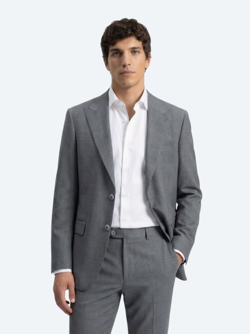 Grey Plain Modern Fit Wool Blended Suit - 3