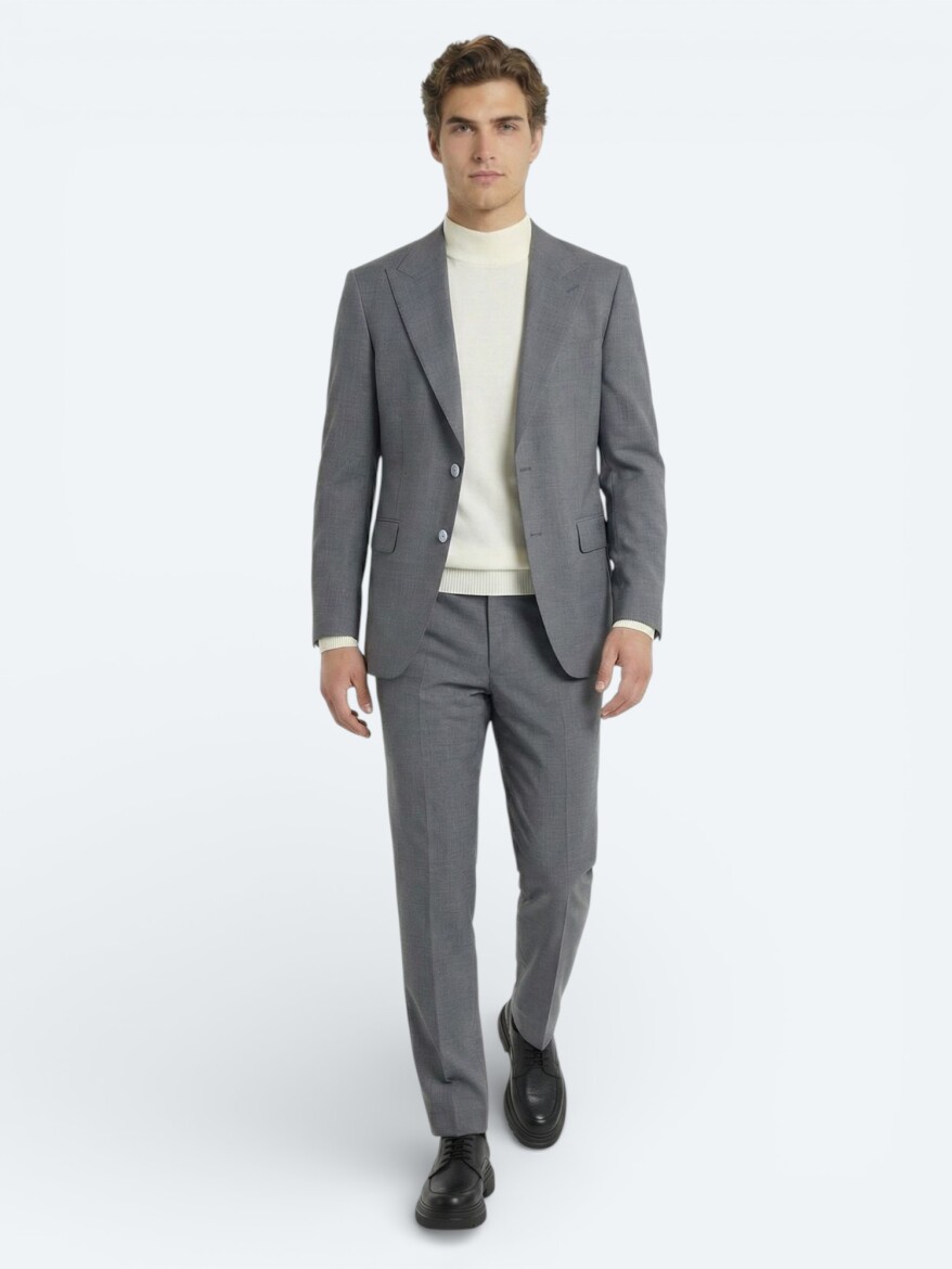 Grey Plain Modern Fit Wool Blended Suit - KİP