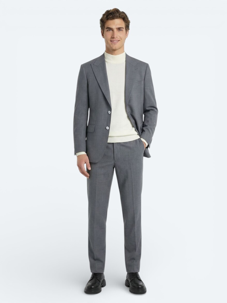 Grey Plain Modern Fit Wool Blended Suit - KİP