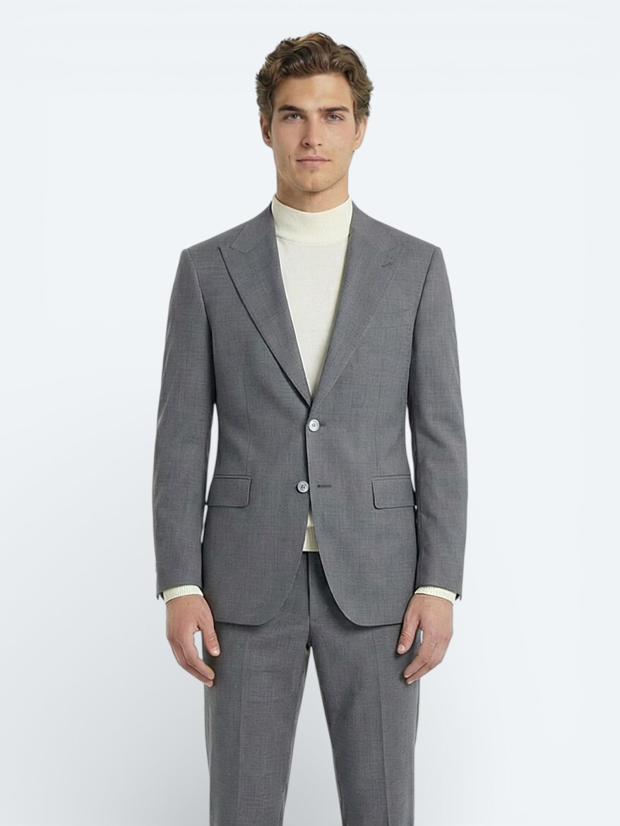 Grey Plain Modern Fit Wool Blended Suit - 3