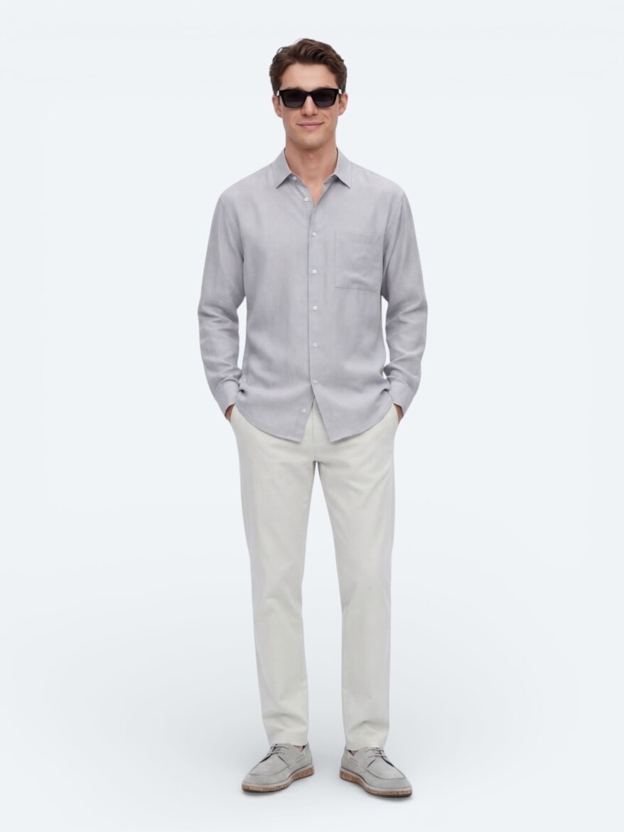 Grey Plain Oversize Fit Long Weaving Casual Shirt - 3