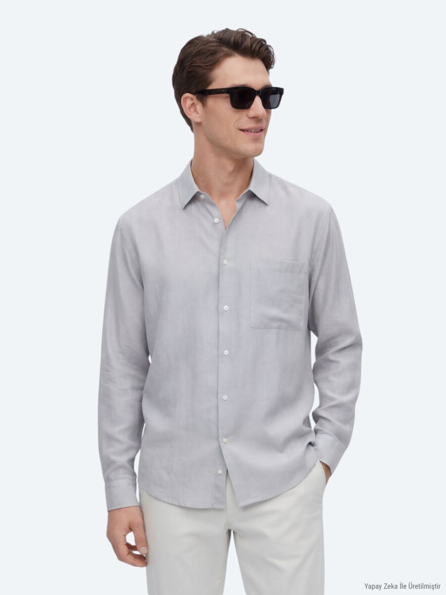 Grey Plain Oversize Fit Long Weaving Casual Shirt - 1