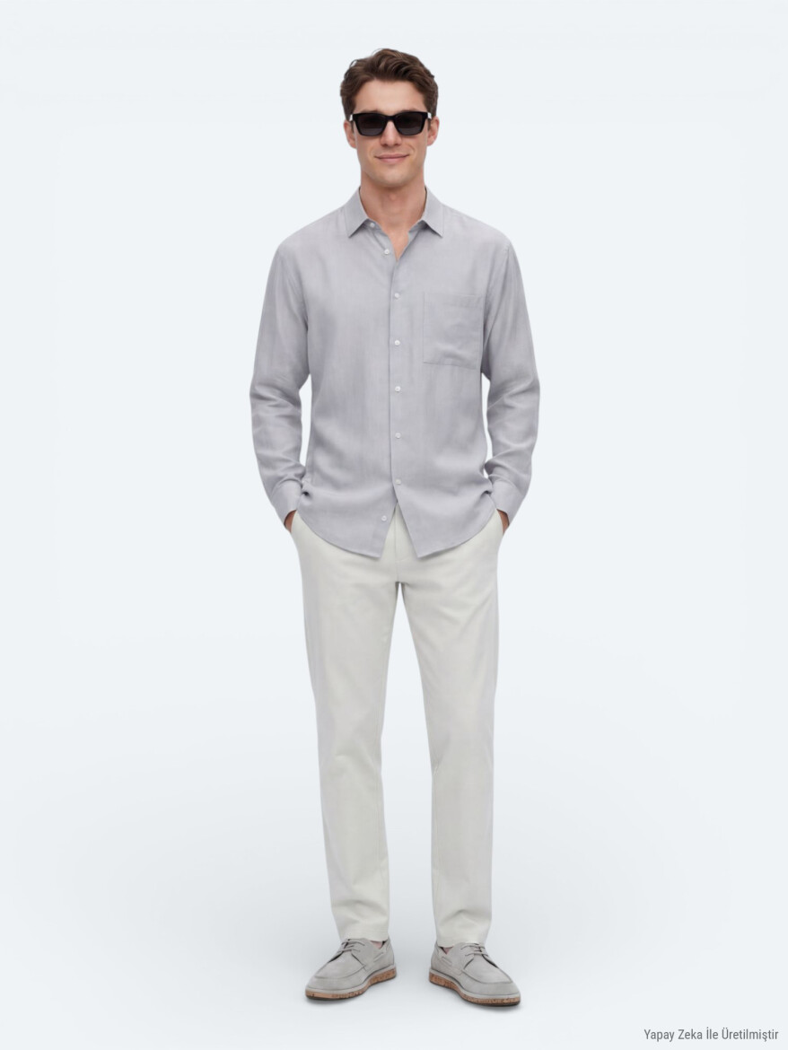 Grey Plain Oversize Fit Long Weaving Casual Shirt - 3