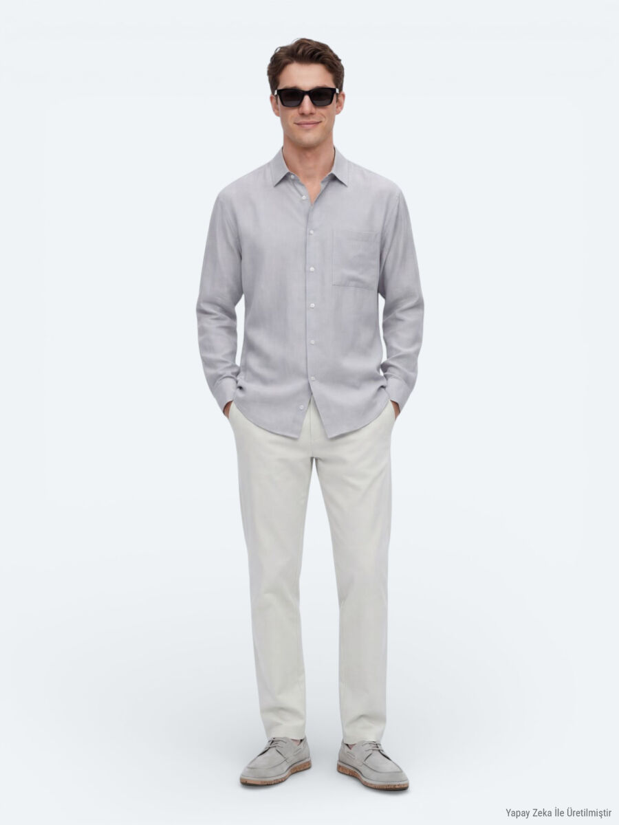 Grey Plain Oversize Fit Long Weaving Casual Shirt - 3