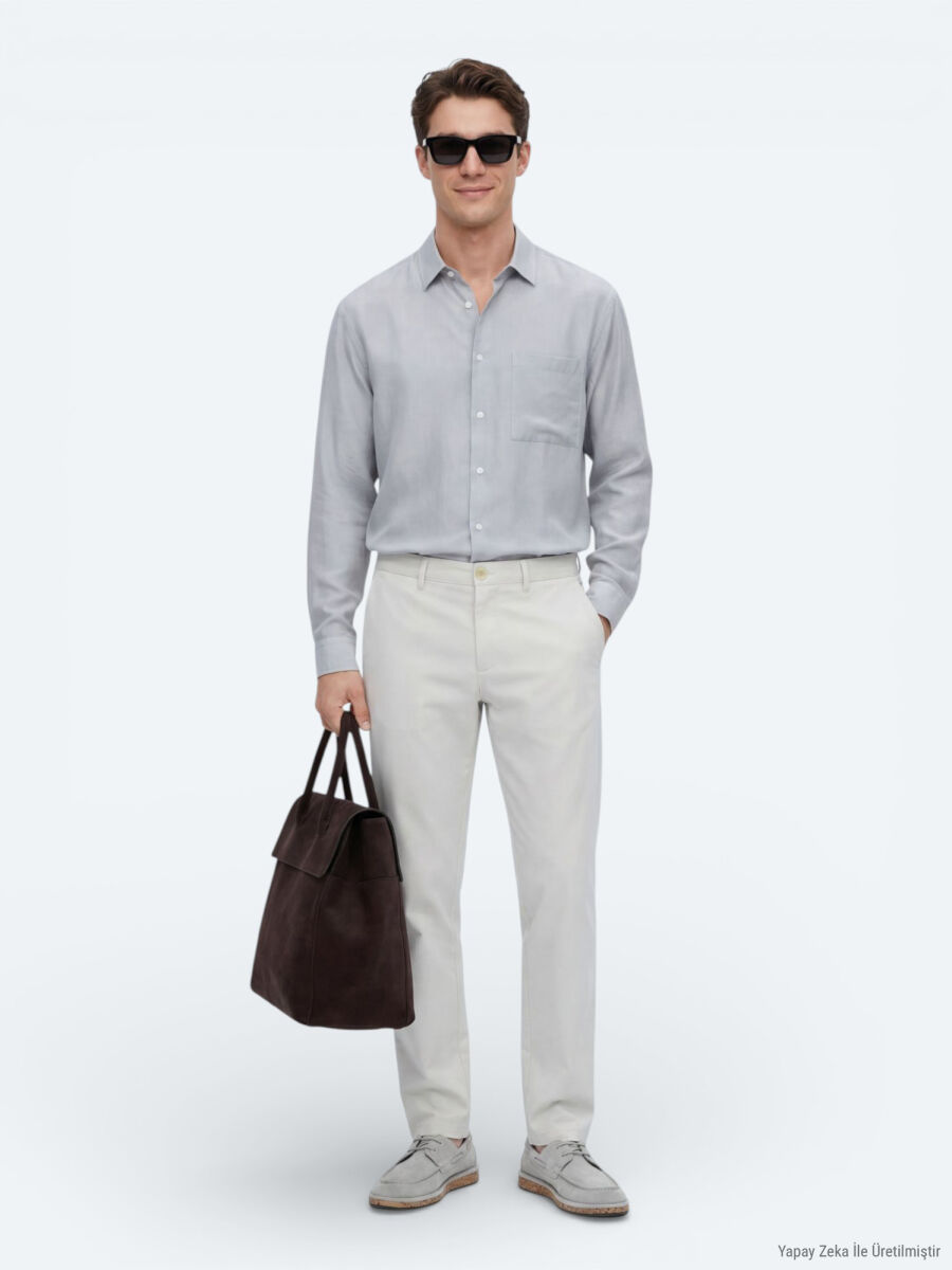 Grey Plain Oversize Fit Long Weaving Casual Shirt - 4