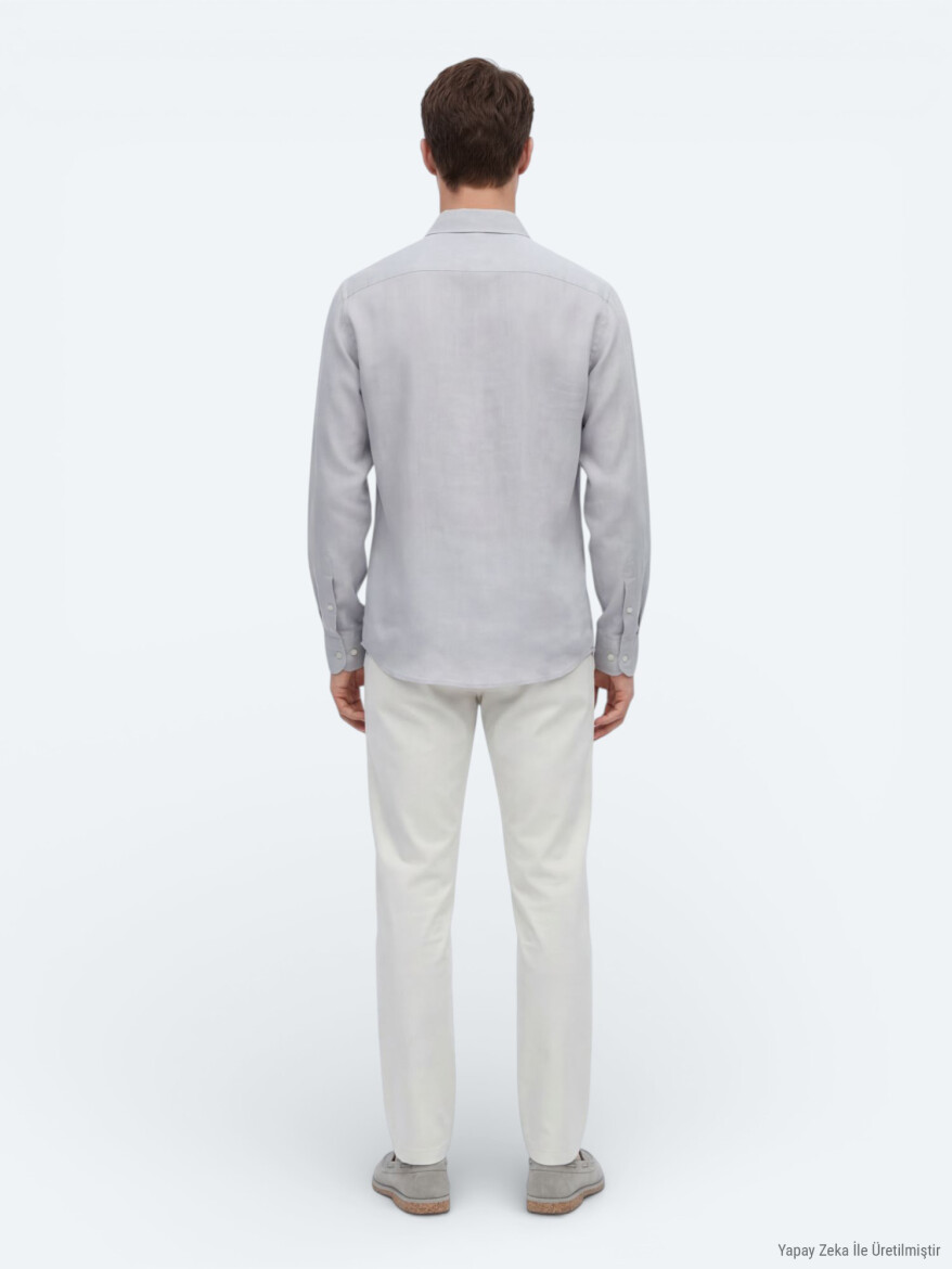 Grey Plain Oversize Fit Long Weaving Casual Shirt - 5