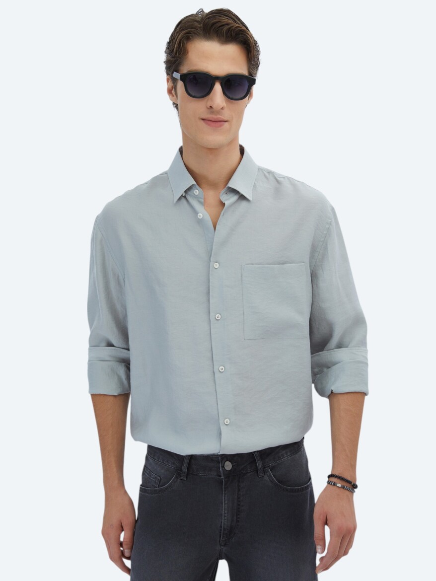 Grey Plain Oversize Fit Weaving Casual Shirt - 1