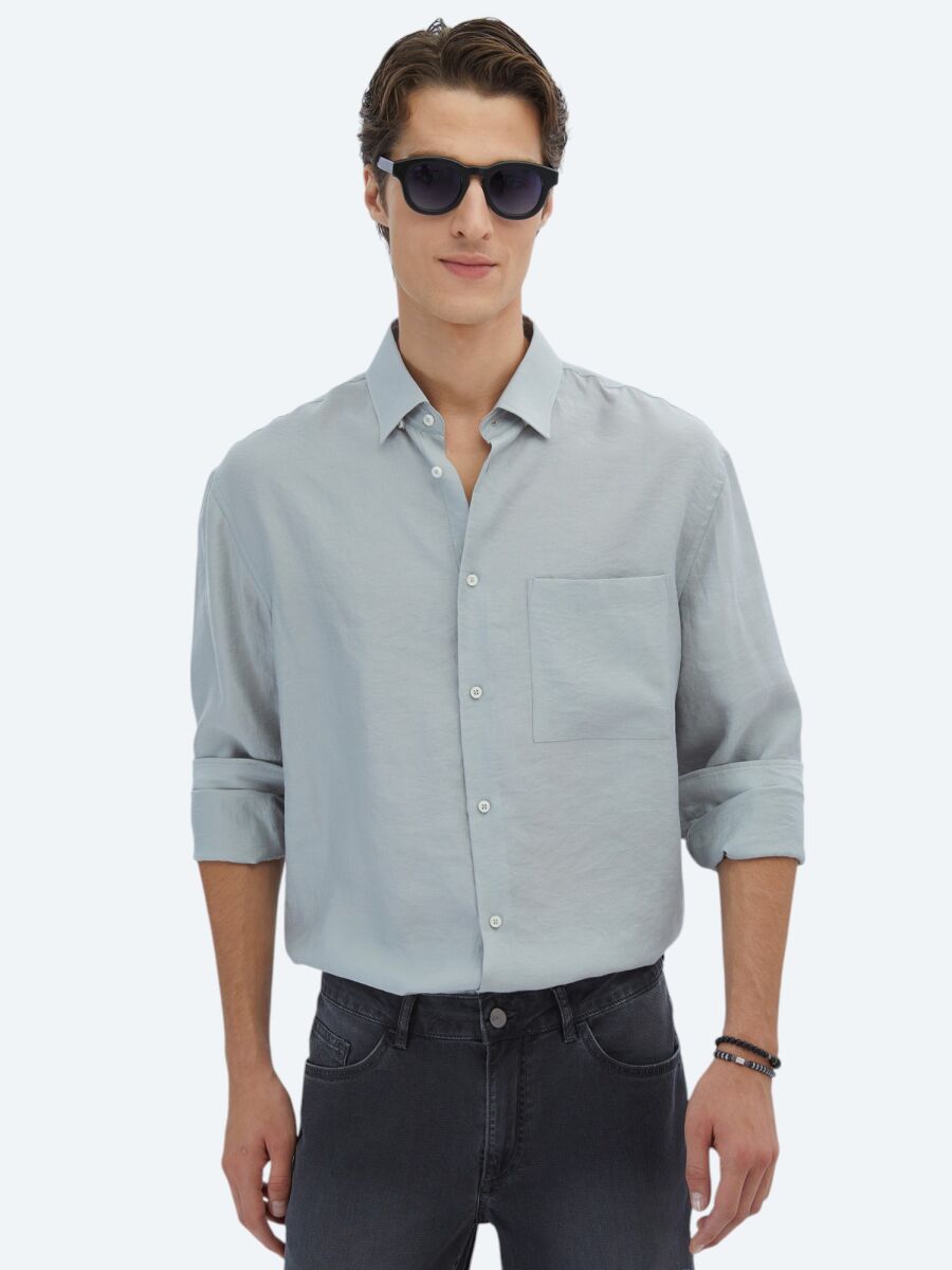 Grey Plain Oversize Fit Weaving Casual Shirt - 1