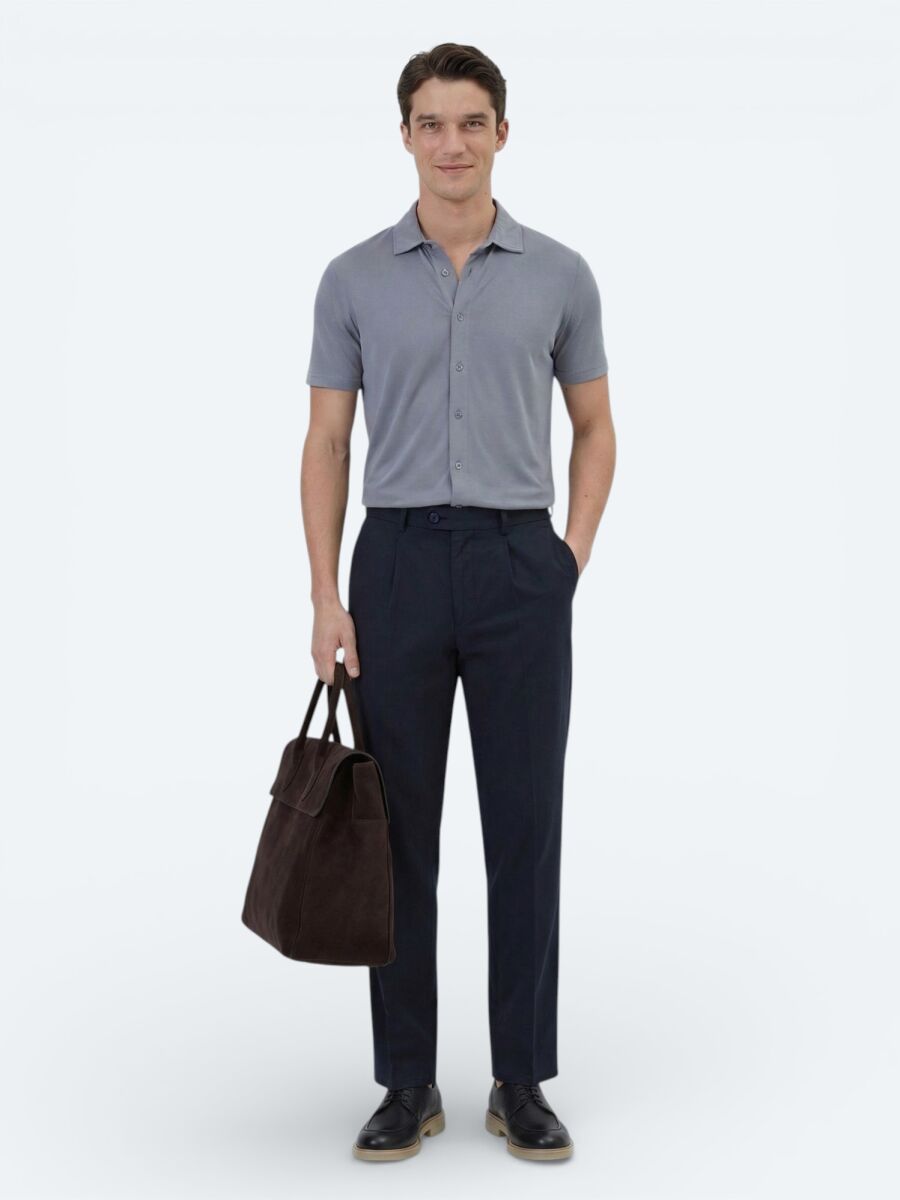 Grey Plain Regular Fit Knitting Casual Shirt - 2