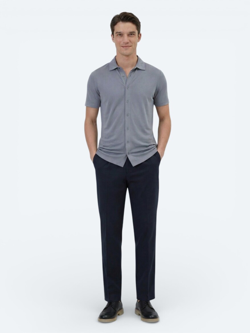 Grey Plain Regular Fit Knitting Casual Shirt - 4