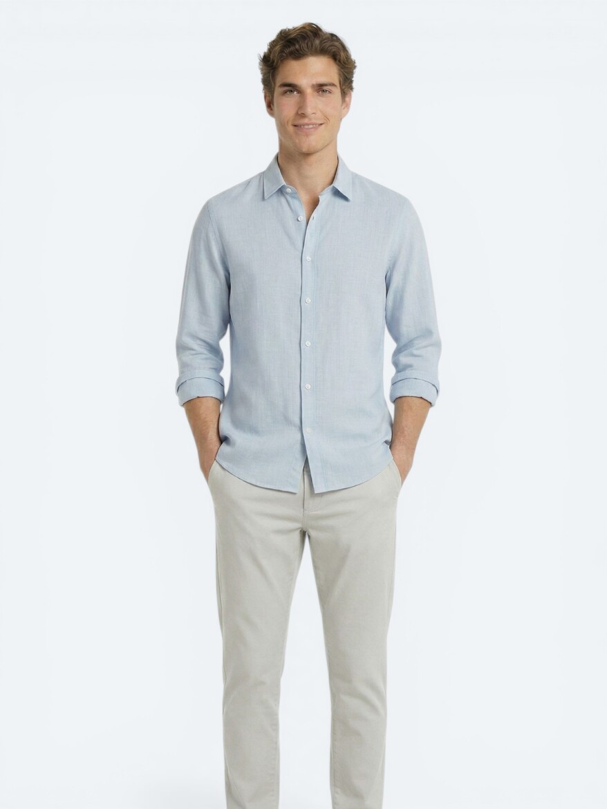 Grey Plain Regular Fit Long Weaving Casual 100% Cotton Shirt - 3