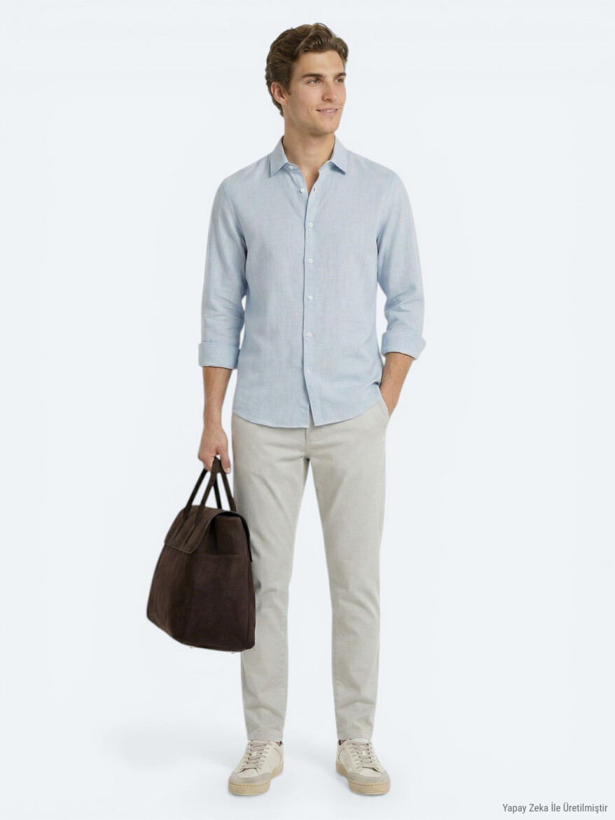 Grey Plain Regular Fit Long Weaving Casual 100% Cotton Shirt - 2
