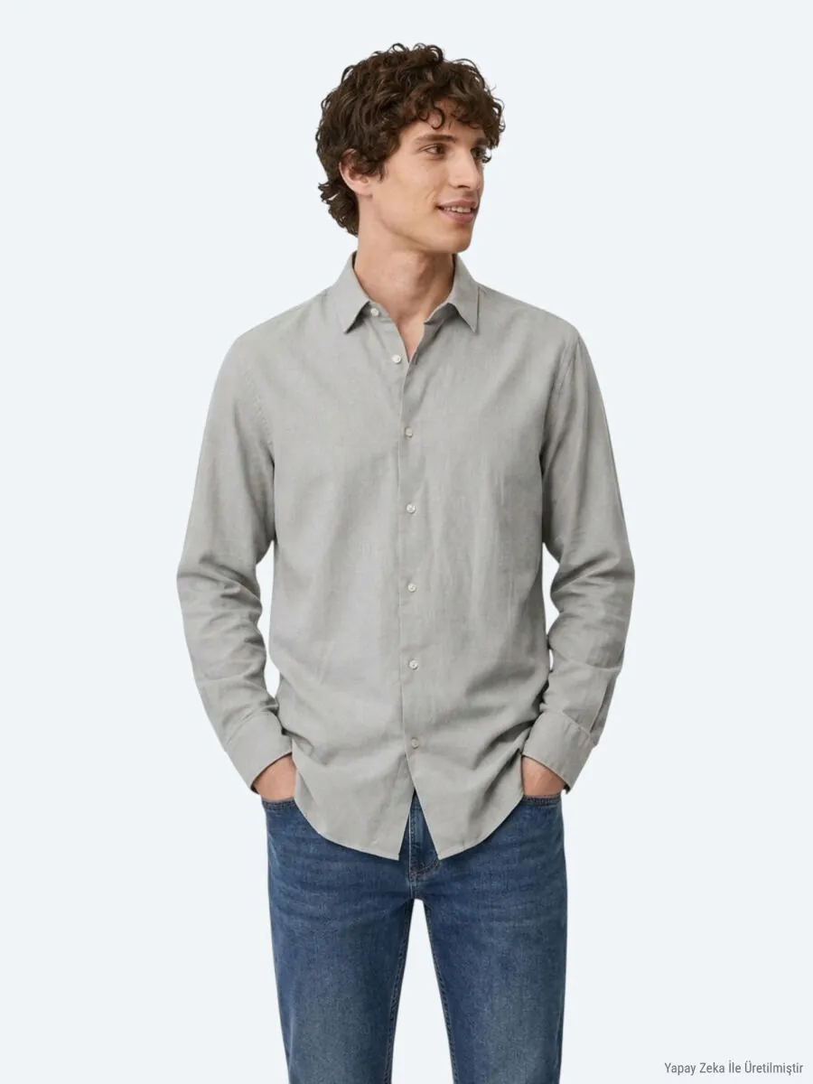 Grey Plain Regular Fit Long Weaving Casual 100% Cotton Shirt - 1
