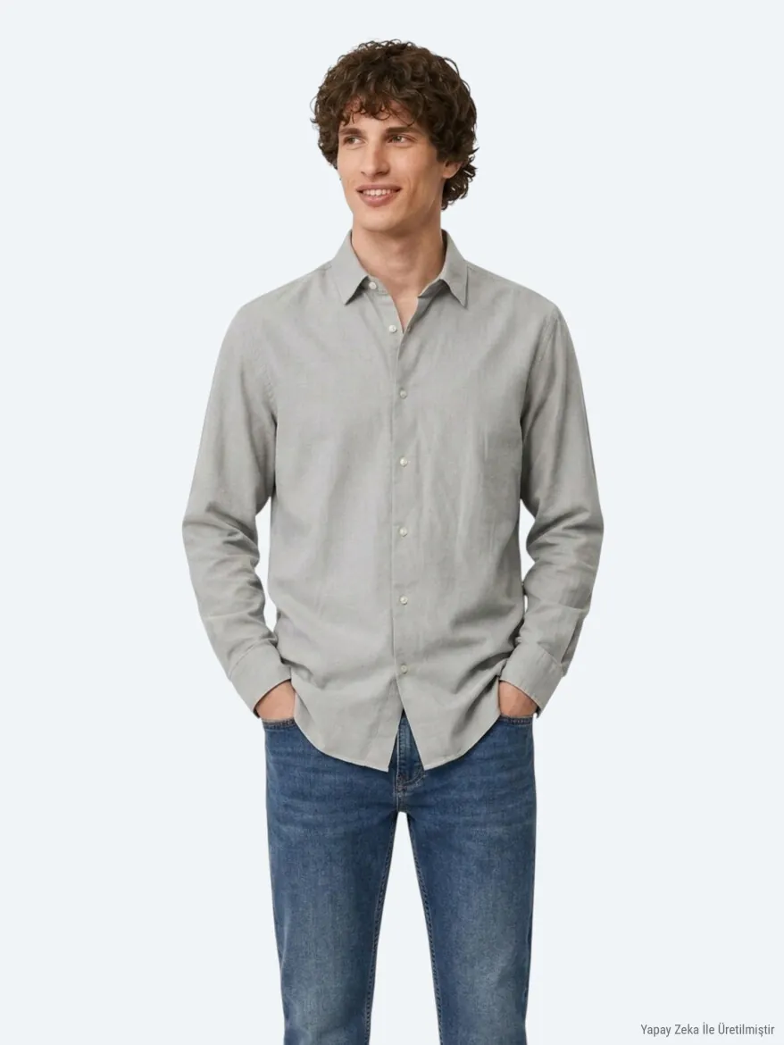 Grey Plain Regular Fit Long Weaving Casual 100% Cotton Shirt - 3