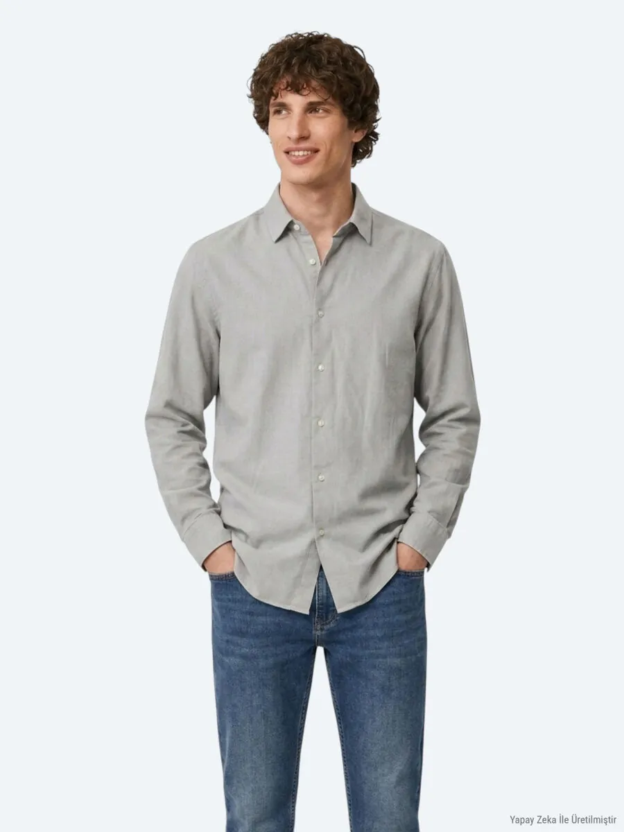 Grey Plain Regular Fit Long Weaving Casual 100% Cotton Shirt - 3