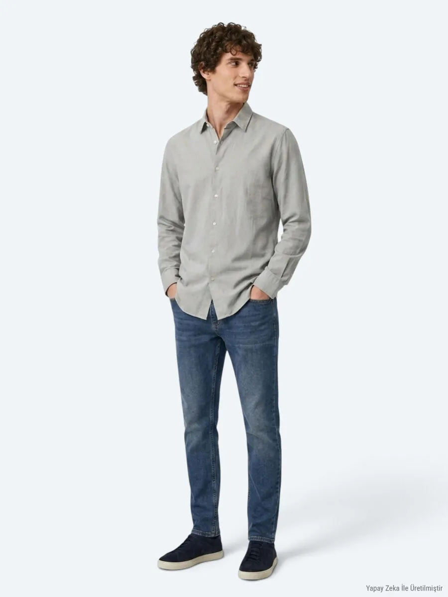 Grey Plain Regular Fit Long Weaving Casual 100% Cotton Shirt - 4