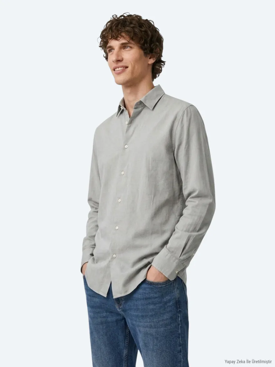 Grey Plain Regular Fit Long Weaving Casual 100% Cotton Shirt - 5