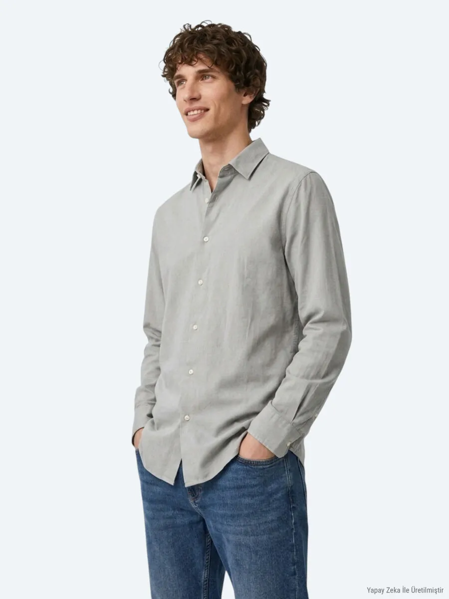 Grey Plain Regular Fit Long Weaving Casual 100% Cotton Shirt - 5
