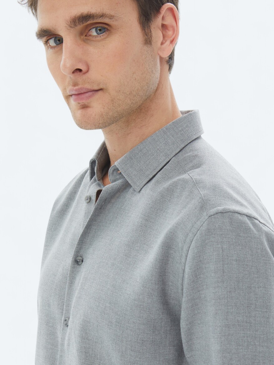 Grey Plain Regular Fit Long Weaving Casual Cotton Blended Shirt - 5