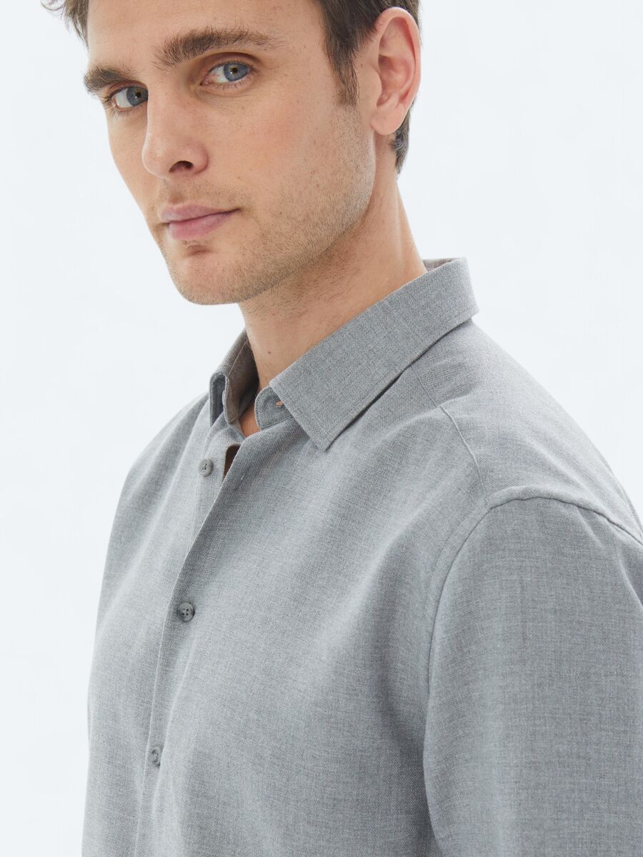 Grey Plain Regular Fit Long Weaving Casual Cotton Blended Shirt - 5