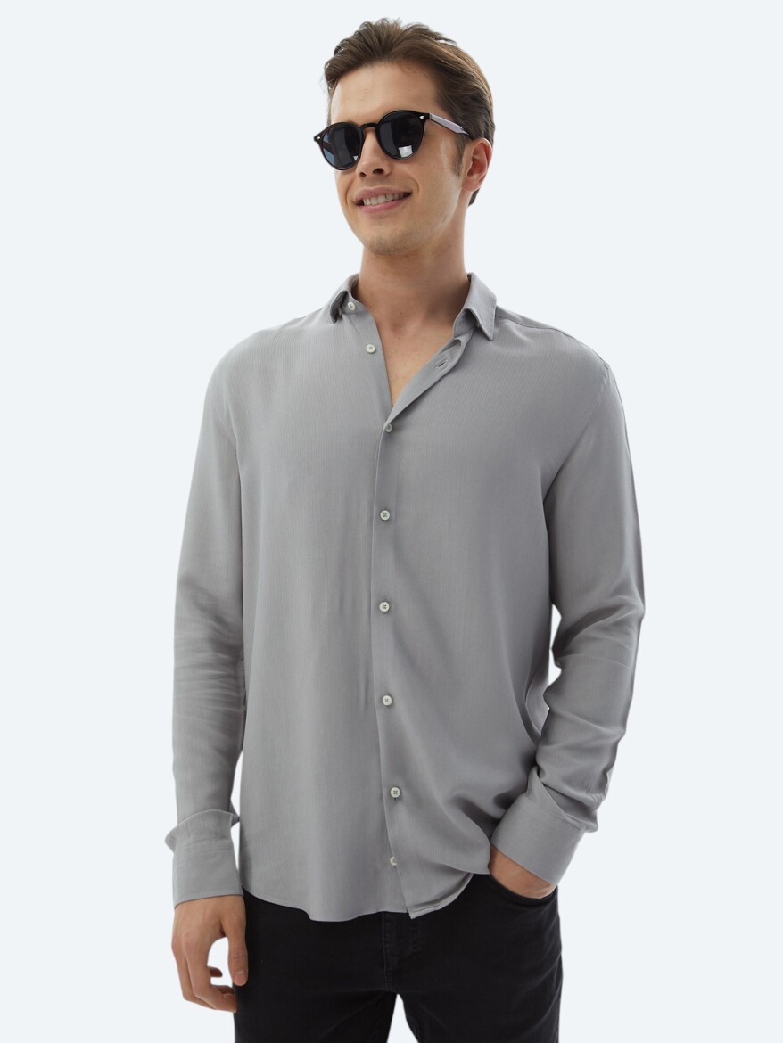 Grey Plain Regular Fit Long Weaving Casual Shirt - 1