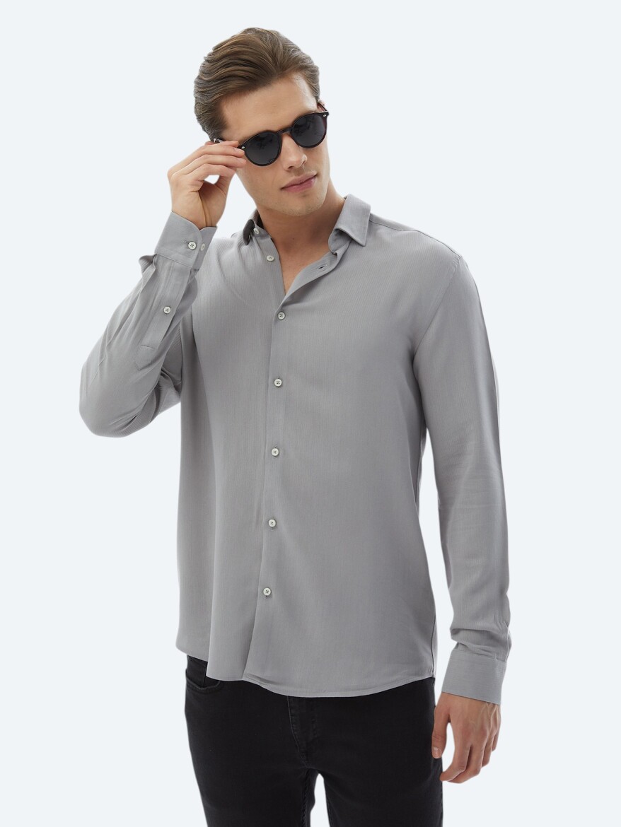 Grey Plain Regular Fit Long Weaving Casual Shirt - 4