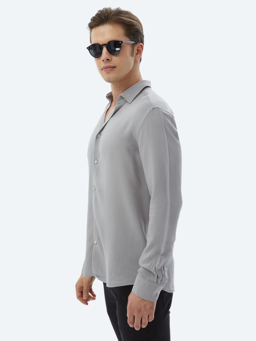 Grey Plain Regular Fit Long Weaving Casual Shirt - 5