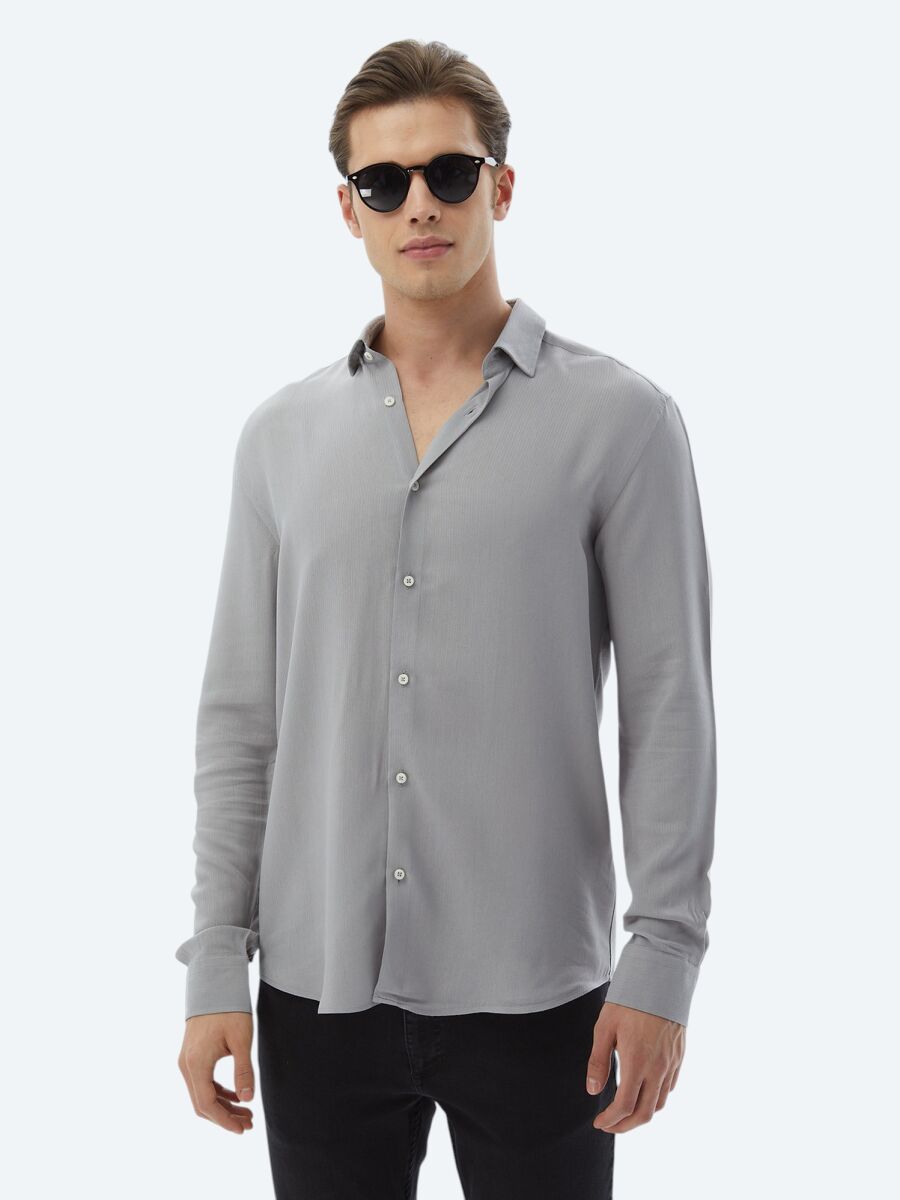 Grey Plain Regular Fit Long Weaving Casual Shirt - 6