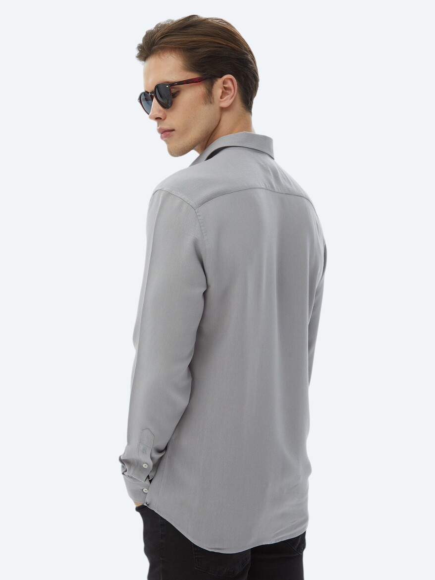 Grey Plain Regular Fit Long Weaving Casual Shirt - 9
