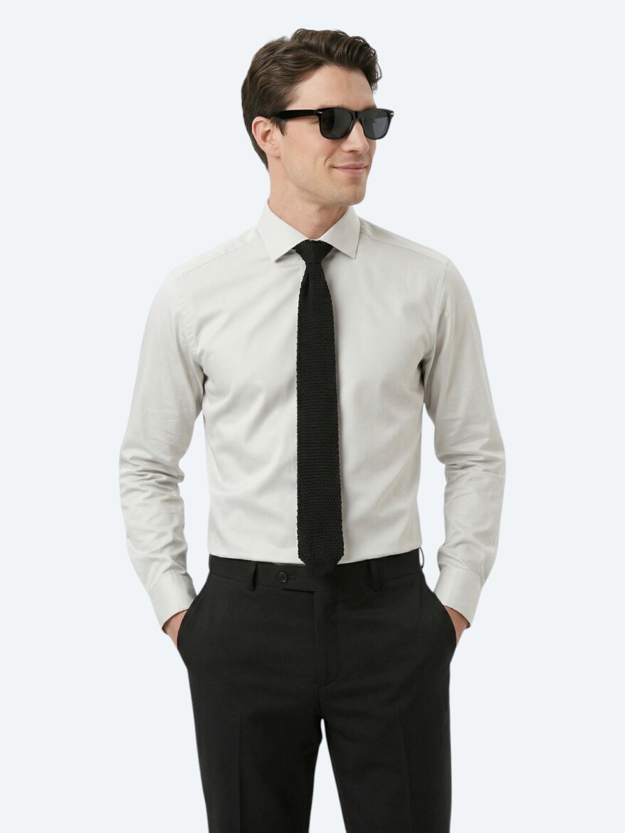 Grey Plain Regular Fit Long Weaving Classical 100% Cotton Shirt 