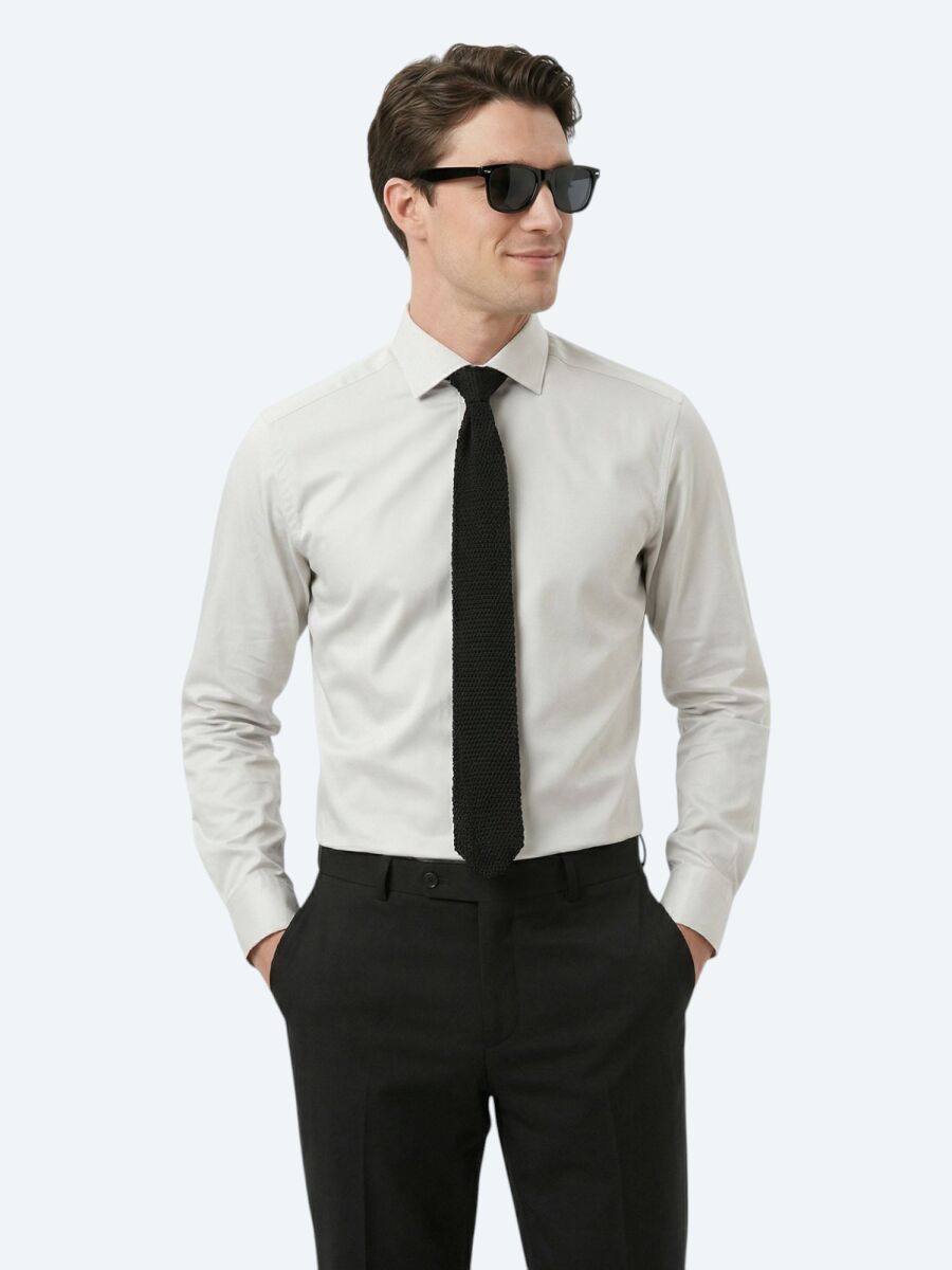 Grey Plain Regular Fit Long Weaving Classical 100% Cotton Shirt - 1