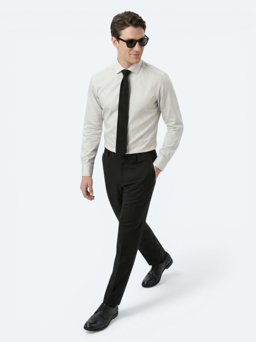 Grey Plain Regular Fit Long Weaving Classical 100% Cotton Shirt - 2