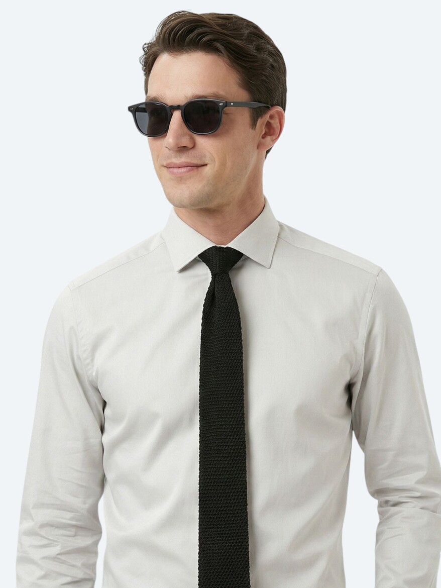 Grey Plain Regular Fit Long Weaving Classical 100% Cotton Shirt - 3