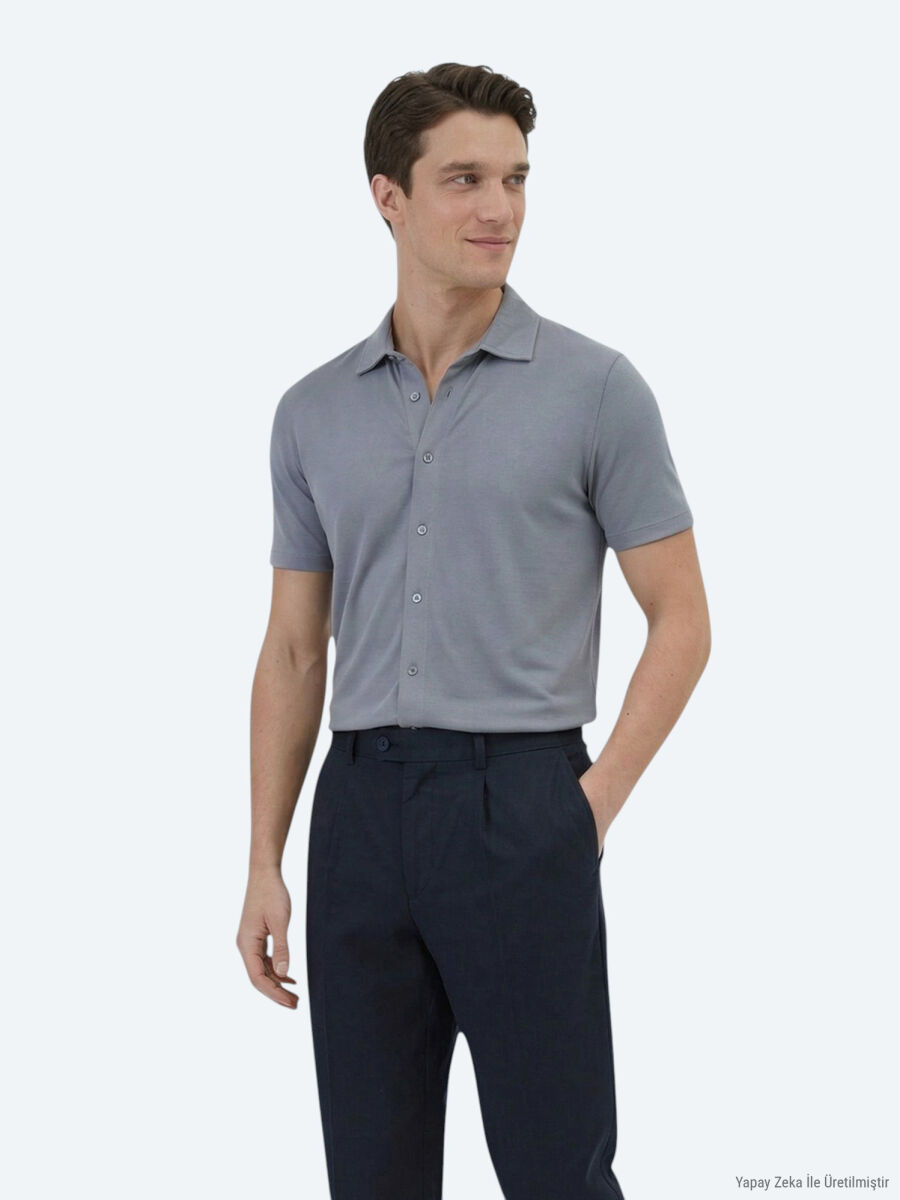 Grey Plain Regular Fit Short Knitting Casual Shirt - 1