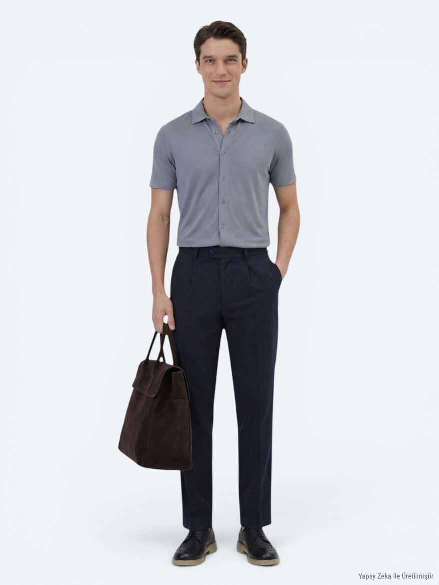Grey Plain Regular Fit Short Knitting Casual Shirt - KİP