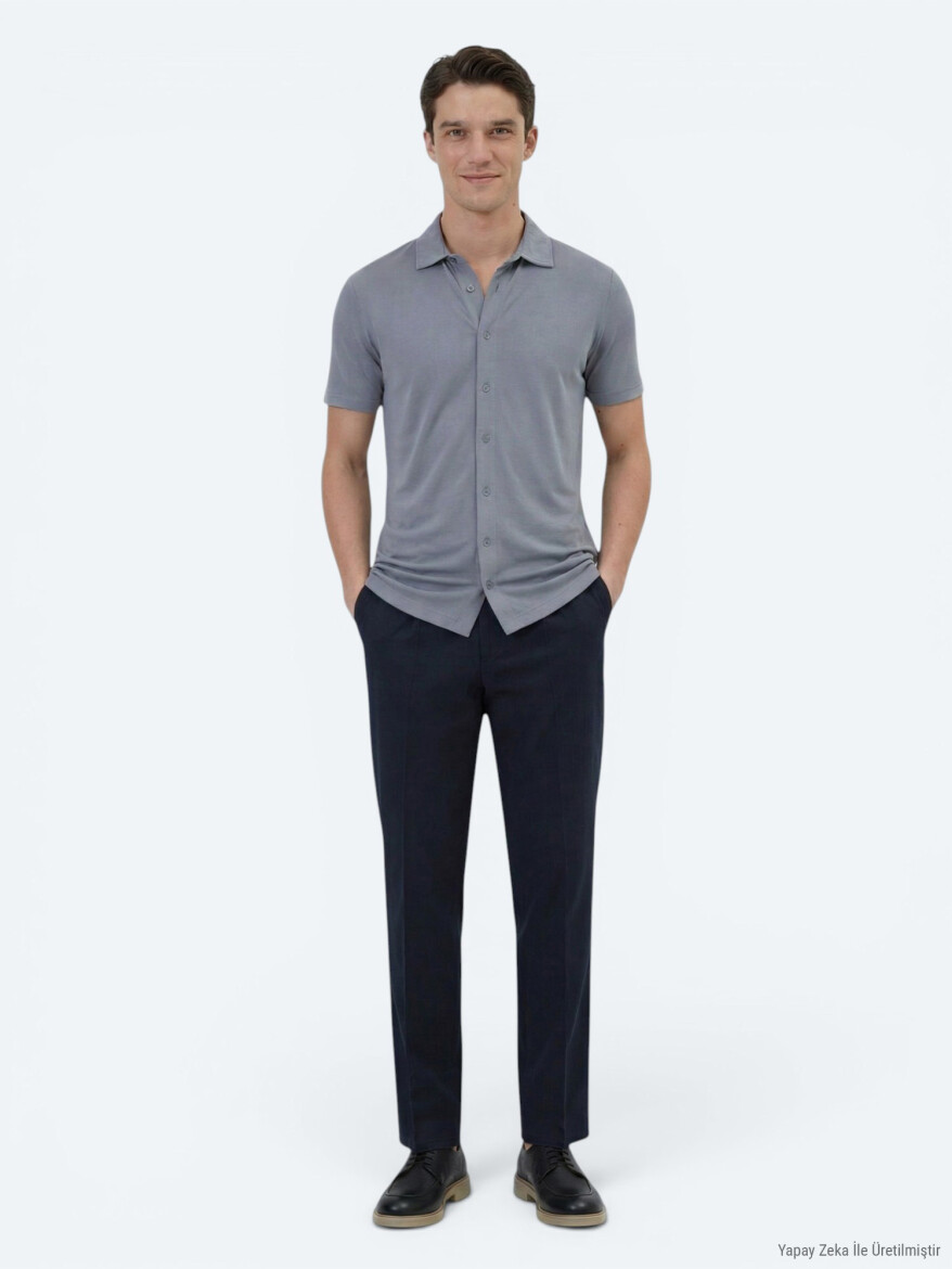 Grey Plain Regular Fit Short Knitting Casual Shirt - 4