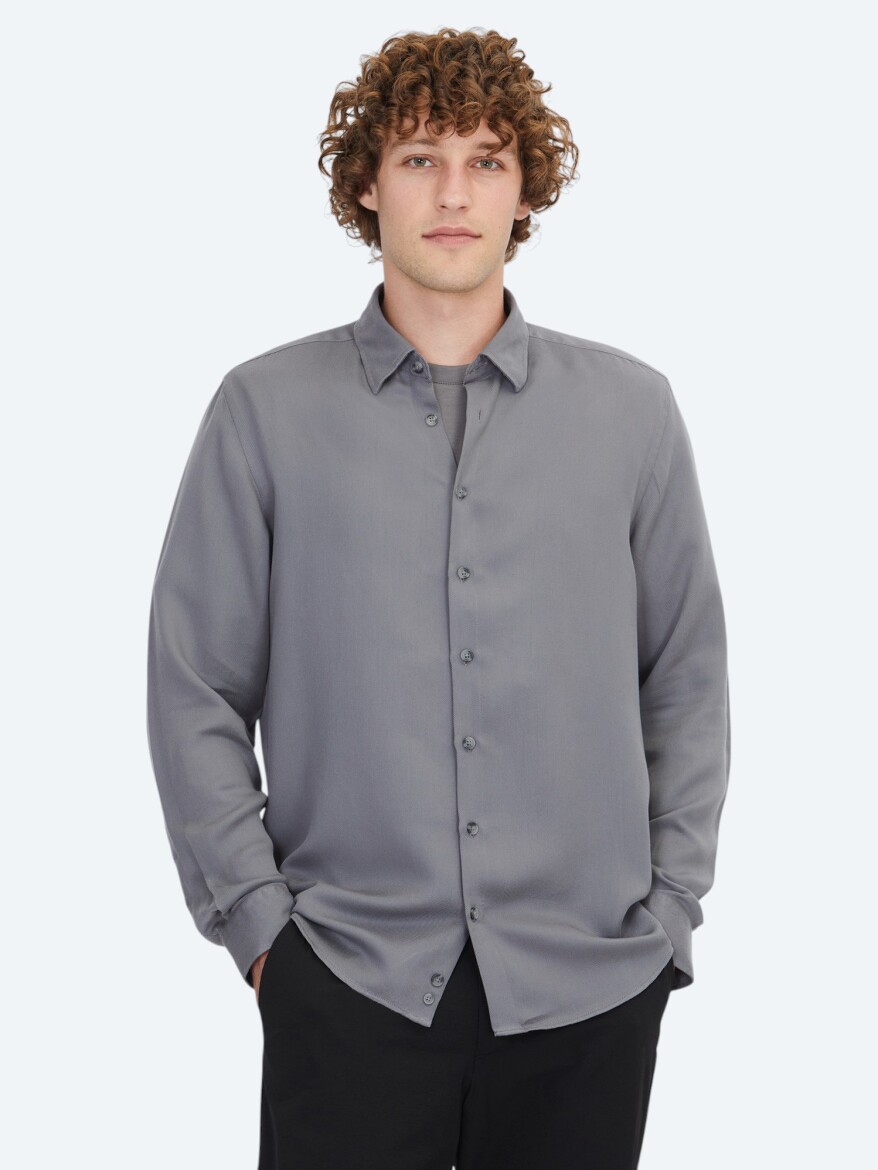 Grey Plain Regular Fit Weaving Casual Shirt - 1