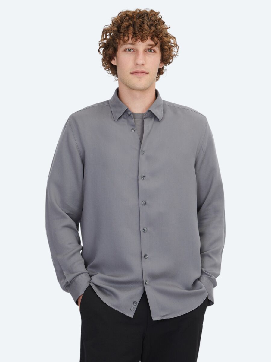 Grey Plain Regular Fit Weaving Casual Shirt - 1