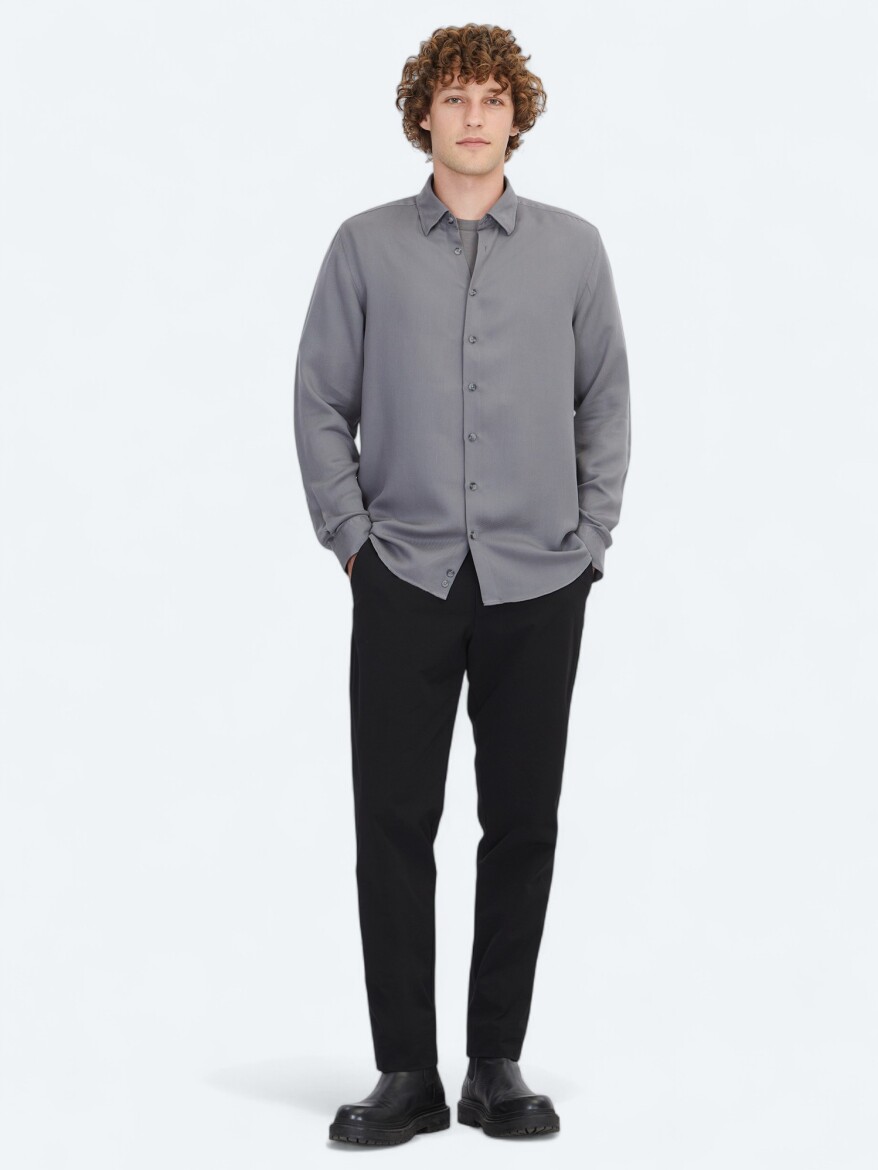 Grey Plain Regular Fit Weaving Casual Shirt 