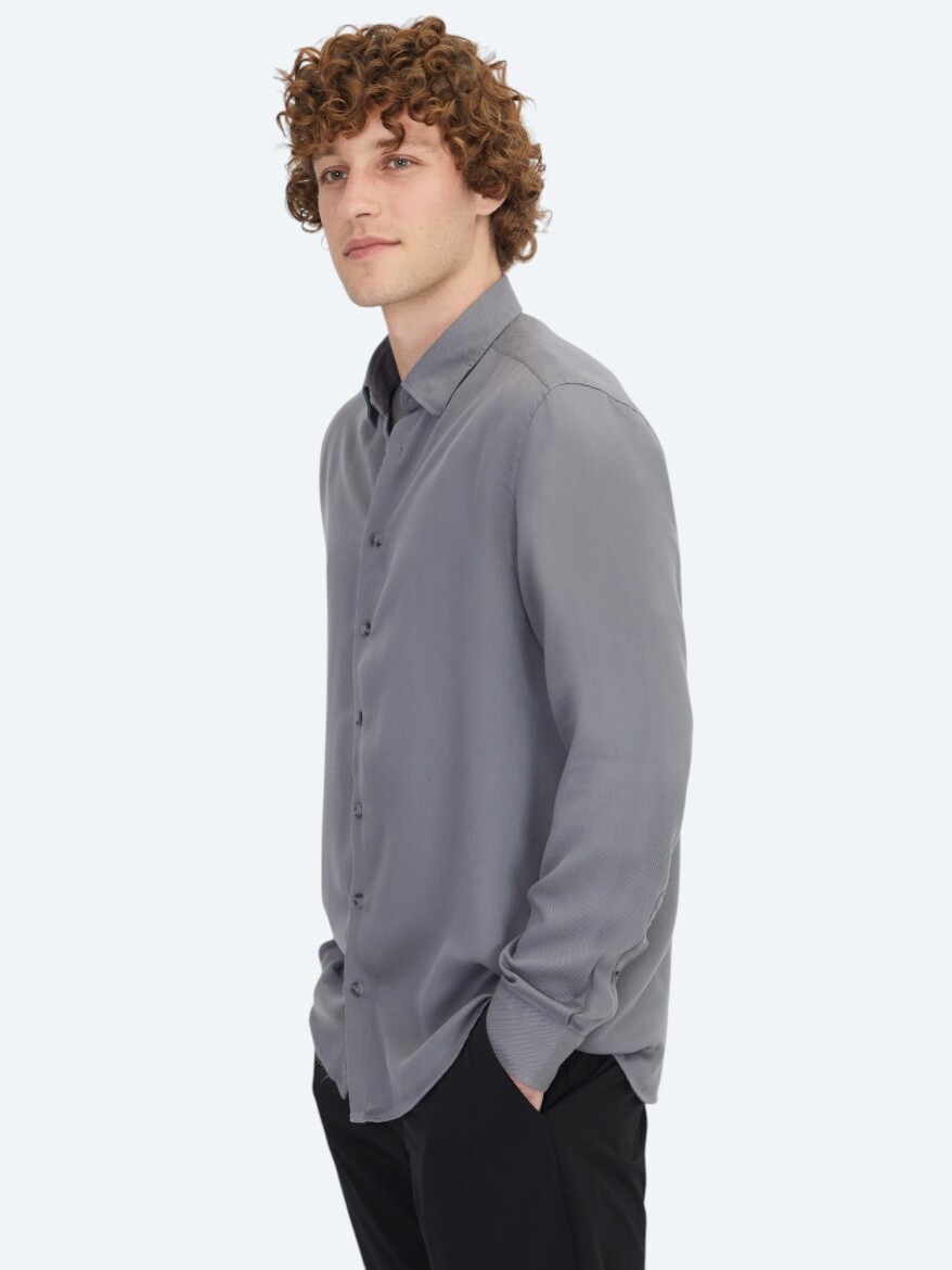 Grey Plain Regular Fit Weaving Casual Shirt - 3