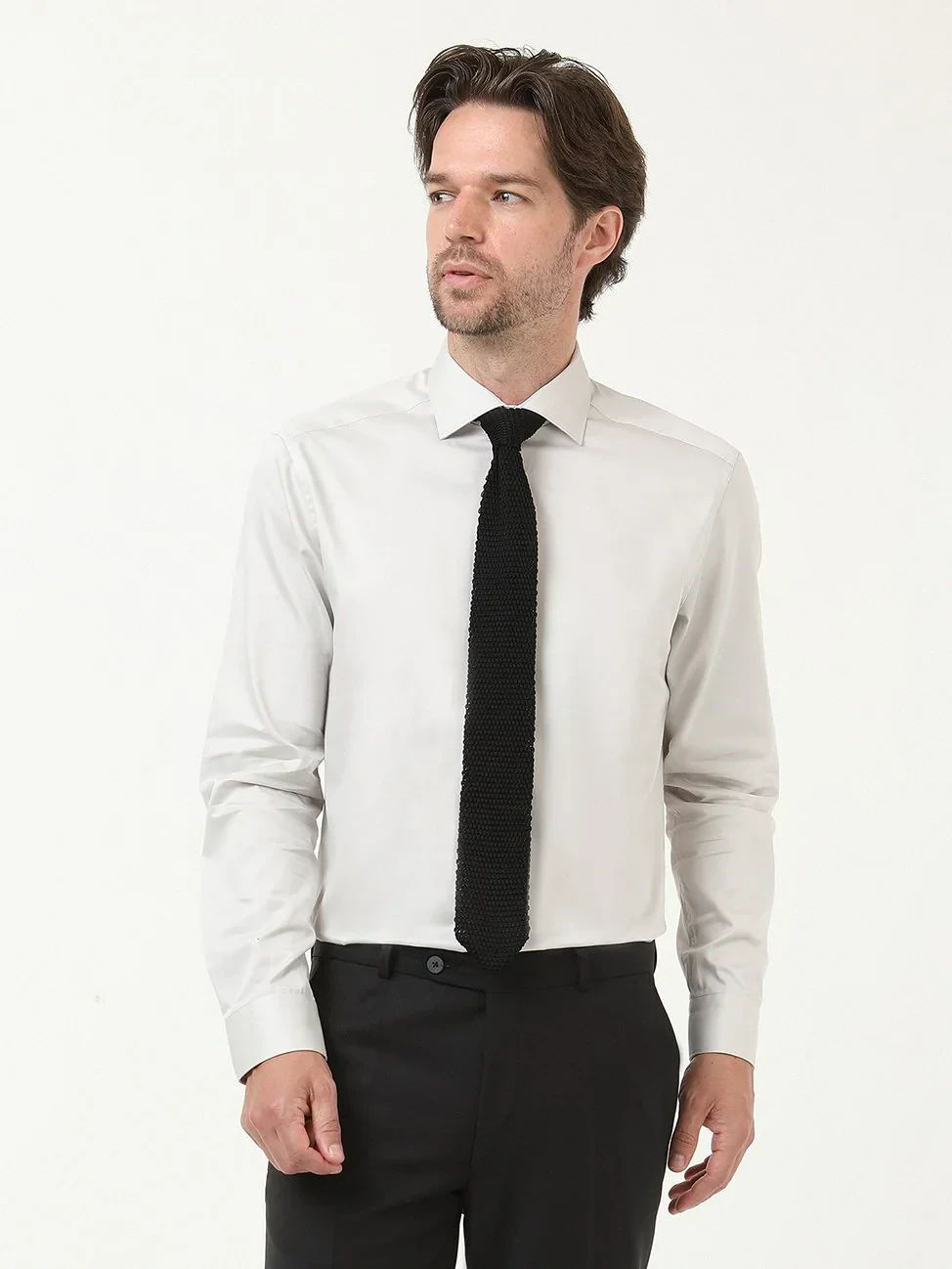 Grey Plain Regular Fit Weaving Classical 100% Cotton Shirt - 3